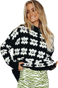 White Printed Retro Flower Pattern Knit Fuzzy Sweater | Tops/Sweaters & Cardigans