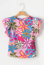 Load image into Gallery viewer, Multicolor Vibrant Floral Print Trimmed Ruffle Sleeve Blouse | Tops/Blouses &amp; Shirts
