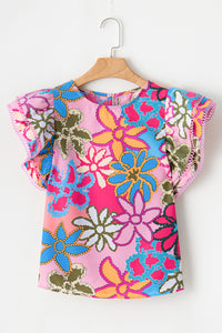 Multicolor Vibrant Floral Print Trimmed Ruffle Sleeve Blouse | Tops/Blouses & Shirts