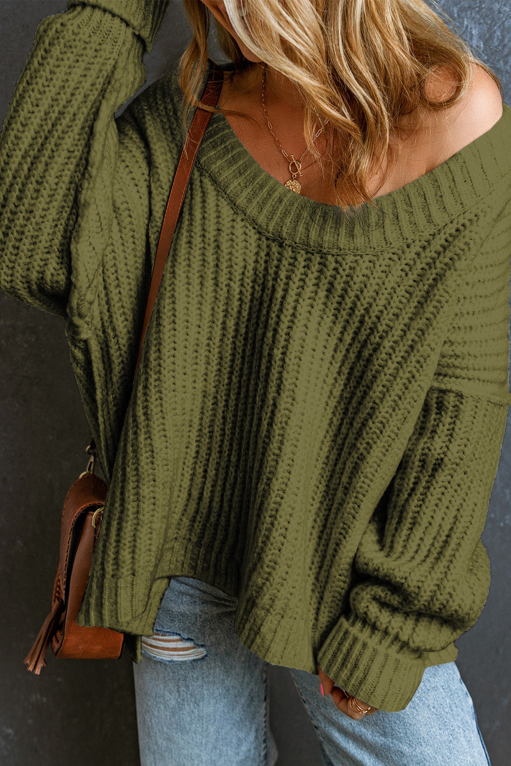 Jungle Green Ribbed Knit Round Neck Slouchy Chunky Sweater