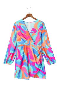 Puff Sleeve Dress | Multi-Color Abstract Print Wrap V Neck