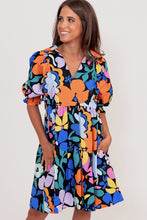 Load image into Gallery viewer, Blue Collared Split Neck Floral Flared Dress | Dresses/Floral Dresses
