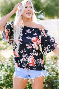 Blue Ruffle Off Shoulder Flounce Sleeve Floral Blouse | Tops/Blouses & Shirts