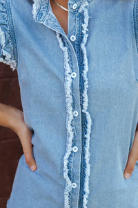 Beau Blue Button Front Ruffled Flutter Frayed Denim Top | Tops/Tops & Tees