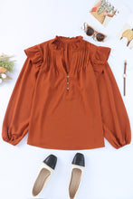 Load image into Gallery viewer, Orange Ruffled Pleated Buttoned V Neck Blouse | Tops/Blouses &amp; Shirts
