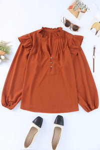 Orange Ruffled Pleated Buttoned V Neck Blouse | Tops/Blouses & Shirts