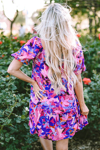 Purple Flower Print Short Puff Sleeve Ruffled Dress | Dresses/Floral Dresses