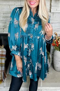 Blue Printed Zebra Pattern Pleated Shirt Tunic Dress | Dresses/Mini Dresses