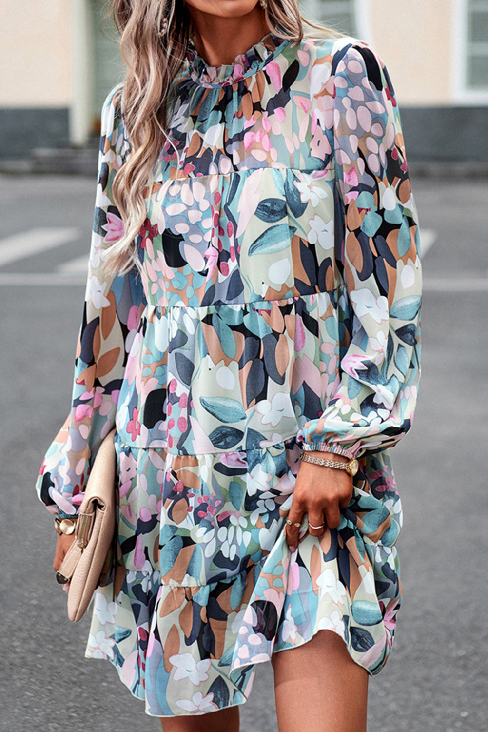 Green Frilled Neck Tiered Floral Dress