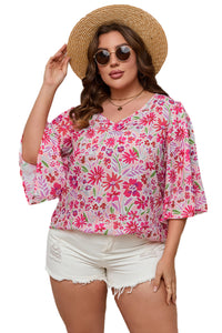 Pink Floral Ruffled Half Sleeve V-Neck Plus Size Blouse | Plus Size/Plus Size Tops/Plus Size Blouses & Shirts