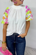 Load image into Gallery viewer, Puff Sleeve Top | White Collar Sequin Flower Textured Blouse
