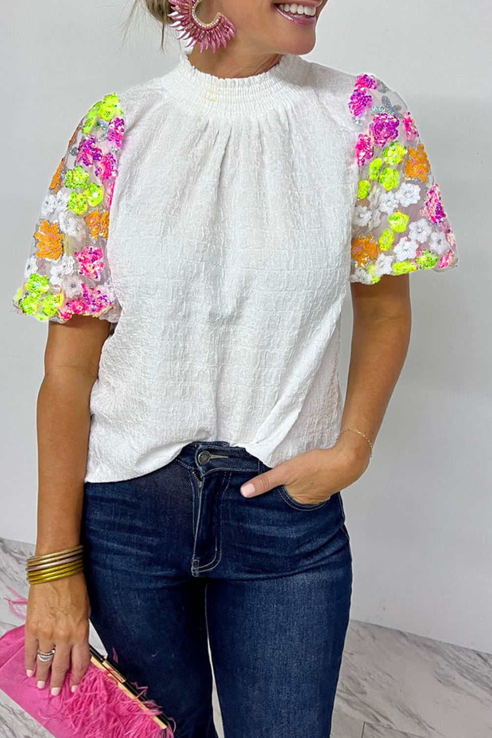 Puff Sleeve Top | White Collar Sequin Flower Textured Blouse