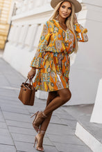 Load image into Gallery viewer, Orange Boho Geometric Print Buttoned V Neck Mini Dress | Dresses/Mini Dresses
