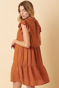 Russet Orange Ruffled Sleeve Notched V Neck Tiered Mini Dress | Dresses/Mini Dresses