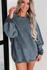 Pullover Sweatshirt | Blue Solid Ribbed Knit Round Neck