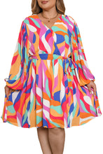 Load image into Gallery viewer, Multicolor Plus Size Abstract Print Oversized Sleeve Belted Dress | Plus Size/Plus Size Dresses/Plus Size Mini Dresses
