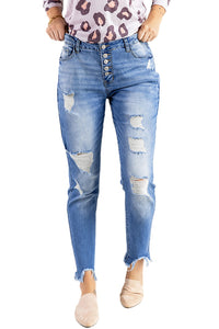 Sky Blue High Rise Button Front Frayed Ankle Skinny Jeans | Bottoms/Jeans