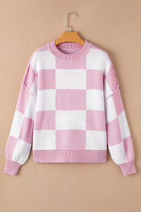 Checkered Sweater | Pink Bishop Sleeve Sweater