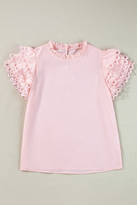 Ruffled Sleeve Top | Eyelet Round Neck Cap Sleeve Blouse