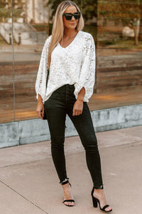 White Lace Top | Floral Crochet Loose Fit V Neck Top