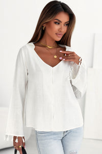 White V Neck Buttoned Tassel Bell Sleeve Shirt | Tops/Blouses & Shirts