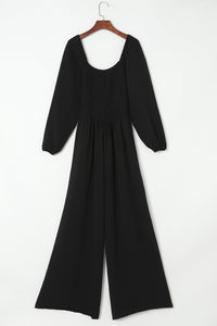 Black Smocked Square Neck Long Sleeve Wide Leg Jumpsuit | Bottoms/Jumpsuits & Rompers