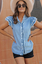 Load image into Gallery viewer, Beau Blue Button Front Ruffled Flutter Frayed Denim Top | Tops/Tops &amp; Tees
