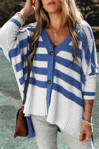 Hi Low Cardigan | Blue Stripe V Neck Buttoned Sweater