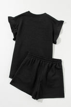 Load image into Gallery viewer, Drawstring Shorts Set | Black Ruffle Split Top and Shorts
