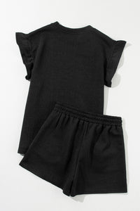 Drawstring Shorts Set | Black Ruffle Split Top and Shorts