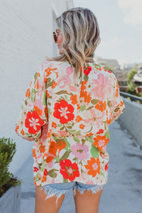 Orange Blooming Flowers Frill Trim Puff Sleeve Blouse | Tops/Blouses & Shirts