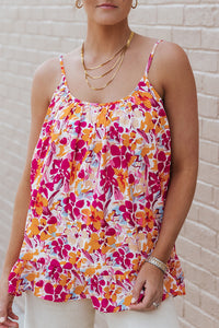 Fiery Red Floral Print Loose Fit Spaghetti Strap Tank Top | Tops/Tank Tops