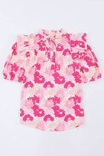 Load image into Gallery viewer, Pink Split Neck Ruffled Puff Sleeves Floral Top | Tops/Tops &amp; Tees
