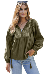 Pleated Loose Blouse | Green Embroidered Split Neck