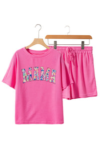 Rose Red MAMA Embroidered Leopard Letters Waffle Short Set | Graphic/Graphic Sets
