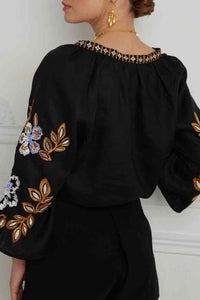 Bohemian Blouse | Black Floral Embroidered V Neck