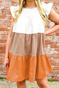 Cap Sleeve Dress | Apricot Color-Block Patchwork Ruffled Tiered