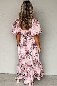 Womens Maxi Dress | Pink Floral Puff Sleeve High Waist Maxi Dress | Dresses/Floral Dresses