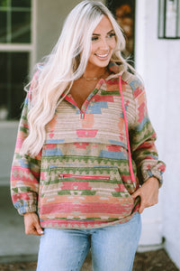 Multicolor Aztec Printed Kangaroo Pocket Zipped Hoodie | Tops/Sweatshirts & Hoodies