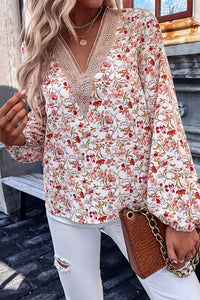 V-Neck Blouse | White Floral Long Sleeve Lace