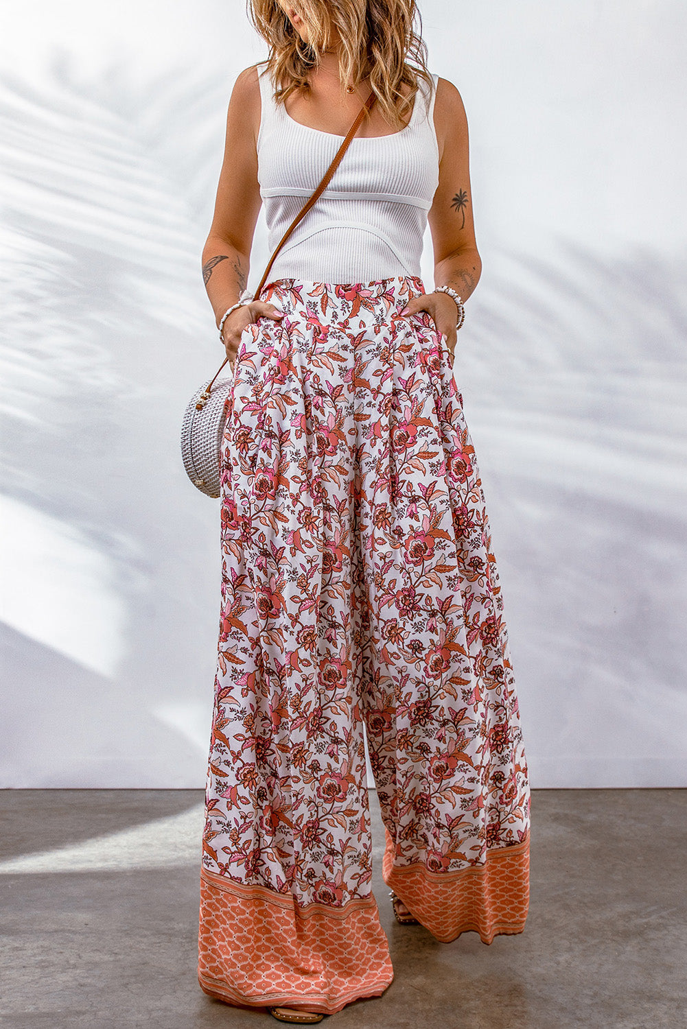 Fiery Red Floral Print Shirred High Waist Wide Leg Pants | Bottoms/Pants & Culotte