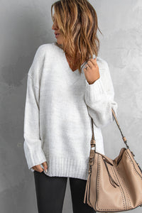 White V neck Drop Shoulder Sweater