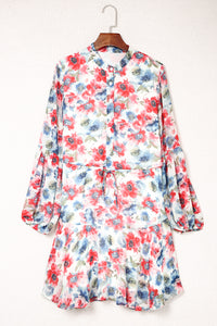 Sky Blue Vintage Floral Print Drawstring Flowy Dress | Dresses/Mini Dresses