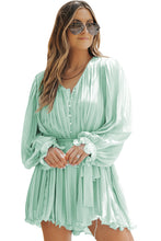 Load image into Gallery viewer, Green Pleated Ruffled Tie Waist Buttons V Neck Romper
