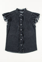 Load image into Gallery viewer, Denim Top | Raw Hem Button Up Cap Sleeve Blouse
