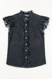 Denim Top | Raw Hem Button Up Cap Sleeve Blouse