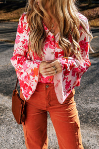 Womens Bodysuit | Pink Floral Print Tiered Bell Long Sleeve Buttoned Bodysuit | Tops/Bodysuits