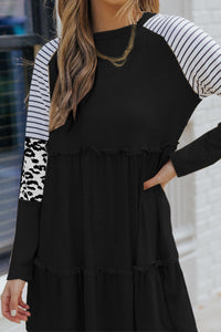 Mini Dress | Black Striped Leopard Long Sleeve Dress