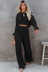 Black Corded Cropped Pullover and Wide Leg Pants Set | Two Piece Sets/Pant Sets