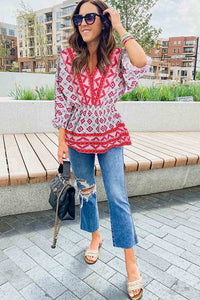 Fiery Red Geometric Print 3/4 Sleeve V-Neck Shirred Waist Flared Blouse | Tops/Blouses & Shirts